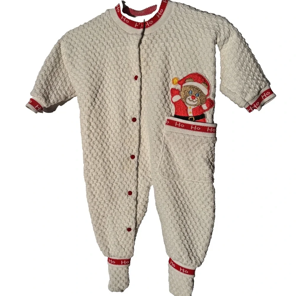 Vtg EUC Carter's Santa Bear Ho Ho Waffle Knit Snap Button Sleeper  M (12–17 lbs)
